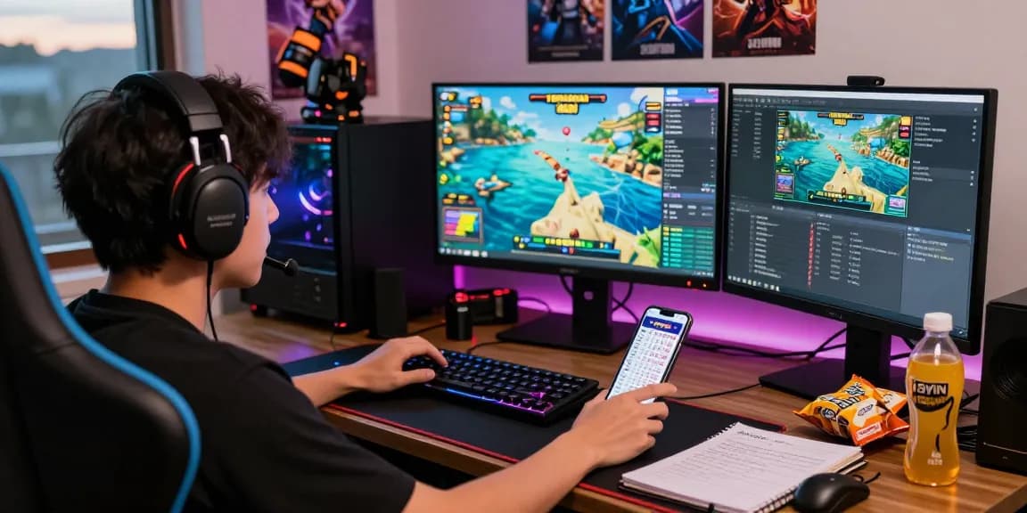 Engaged gamer enjoying 78win fishing game with vibrant graphics and snacks in a dynamic gaming setup.