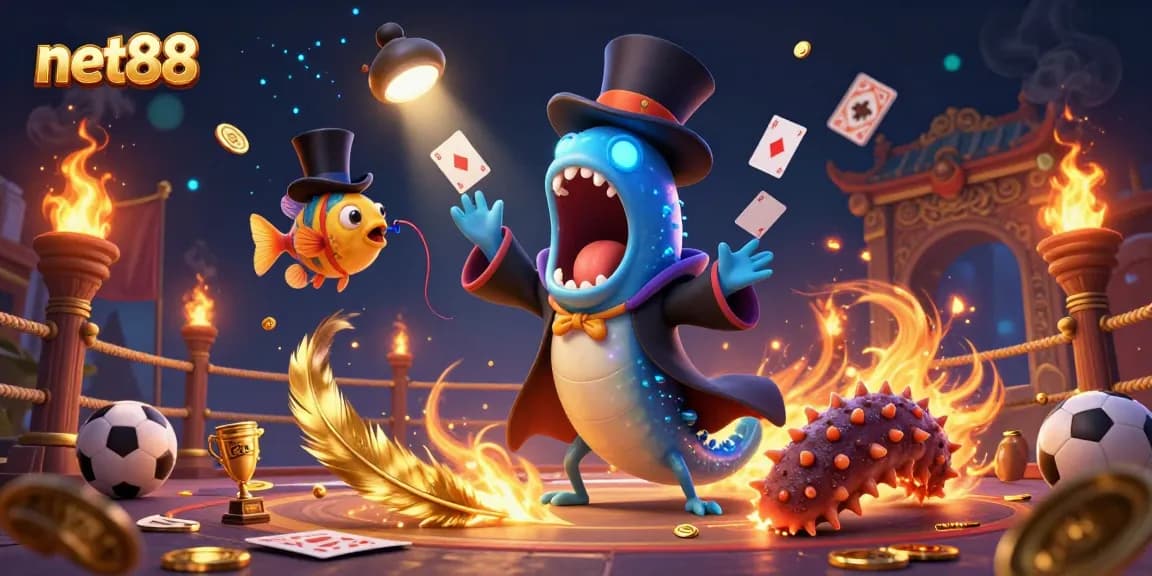 Engage with net88 as a bioluminescent eel magically showcases card tricks amid vibrant sports betting elements.