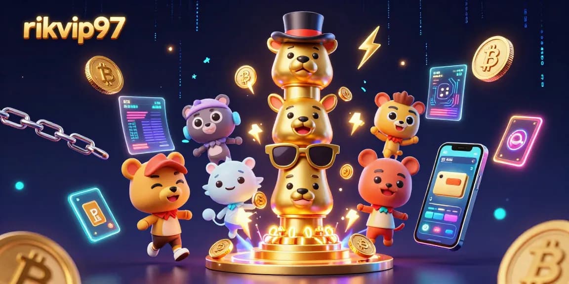 Engage with rikvip97's vibrant 3D illustration showcasing crypto-themed casino excitement and gaming elements.