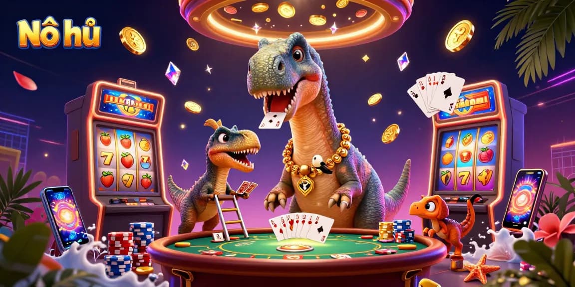 Nổ hũ slot game scene featuring a brontosaurus and raptor with cards surrounded by coins and jackpots.