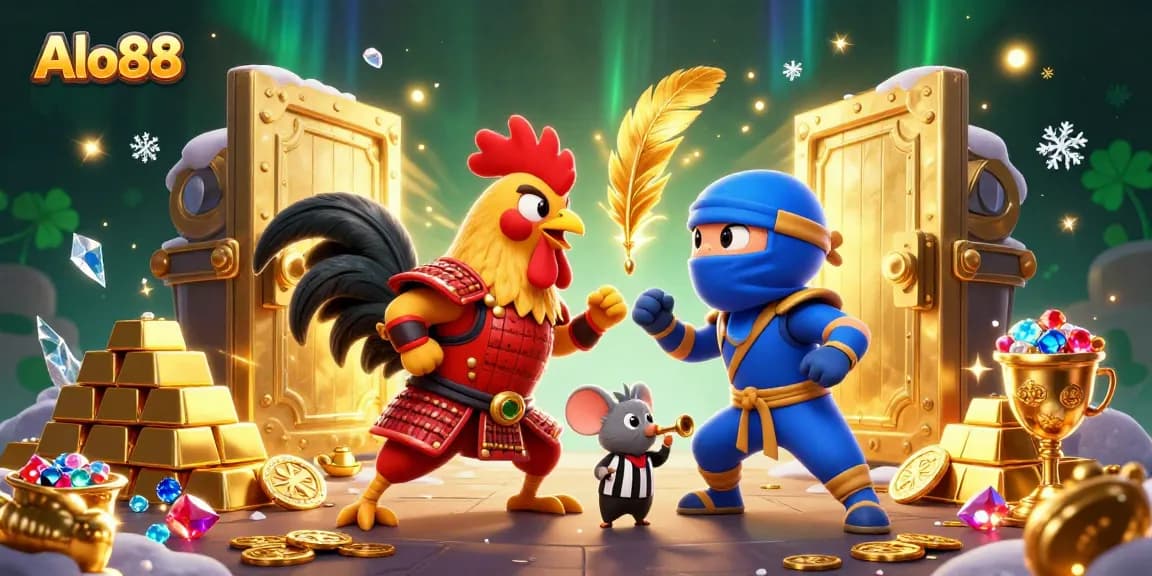 Experience exciting cockfighting action at Alo88 with vibrant game elements and dramatic illustration.