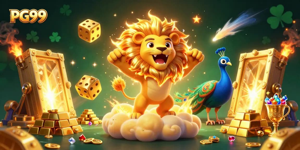 Win big at PG99 with vibrant casino-themed illustrations featuring rich gold elements and dynamic action.