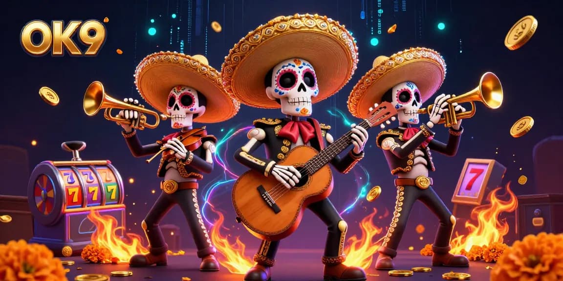 Experience thrilling gaming at OK9 with vibrant mariachi skeletons and casino elements.