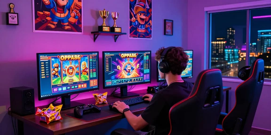 Player enjoying OPPA86 slot games in a vibrant gaming setup with neon lights.