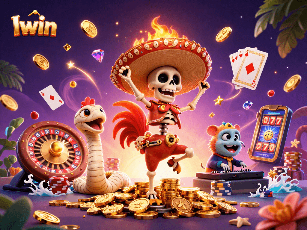 Iwin offers thrilling moments with a lively mariachi rooster dancing on gold coins surrounded by exciting casino elements.