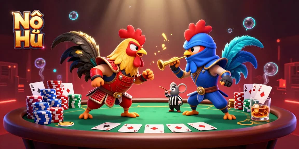 Nổ Hũ champions face-off in an epic gambling standoff featuring dynamic casino elements.