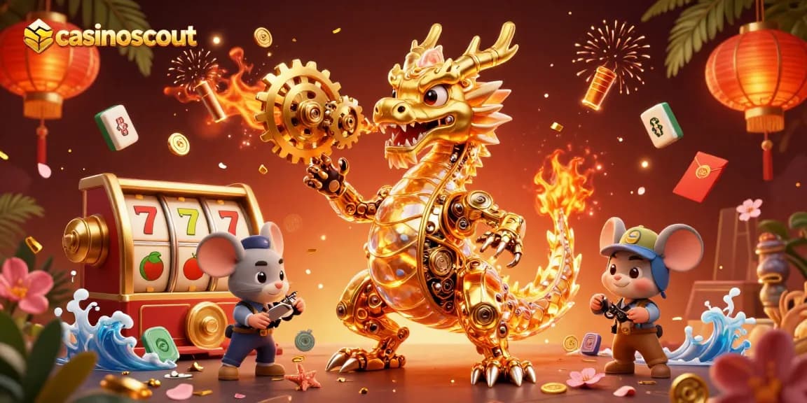 Engage with casinoscout to uncover exciting wins at a bustling online casino scene with a golden dragon and vibrant game elements.