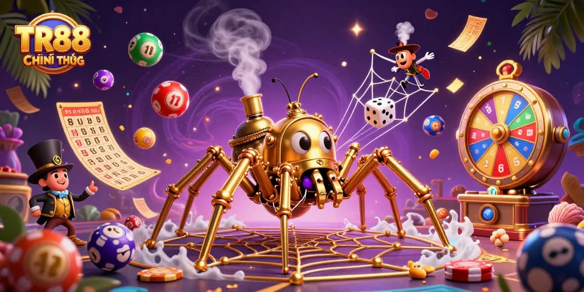 Engage with gaming elements in this vibrant TR88 CHÍNH THỨC casino illustration, featuring a steampunk spider web.