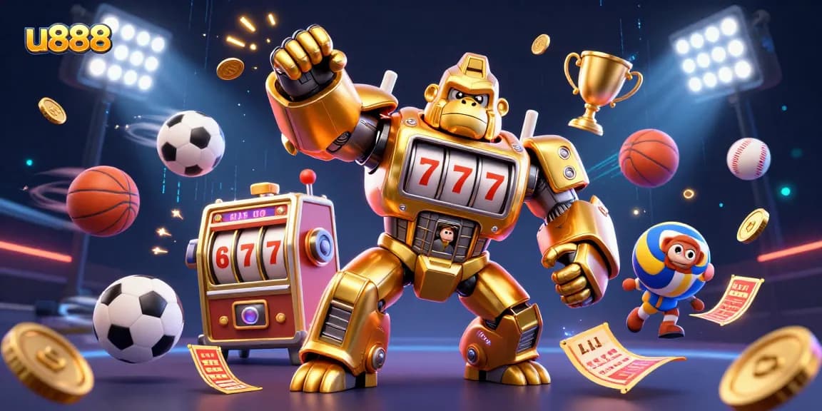 Win exciting rewards at u888 with our 3D casino illustration featuring an action-packed slot machine mech!
