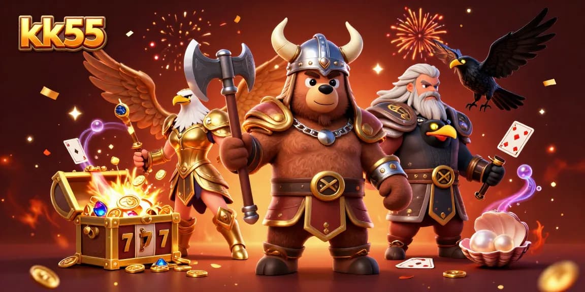 Engage in thrilling gameplay at kk55, featuring a Viking bear, Valkyrie eagle, and vibrant gaming elements.