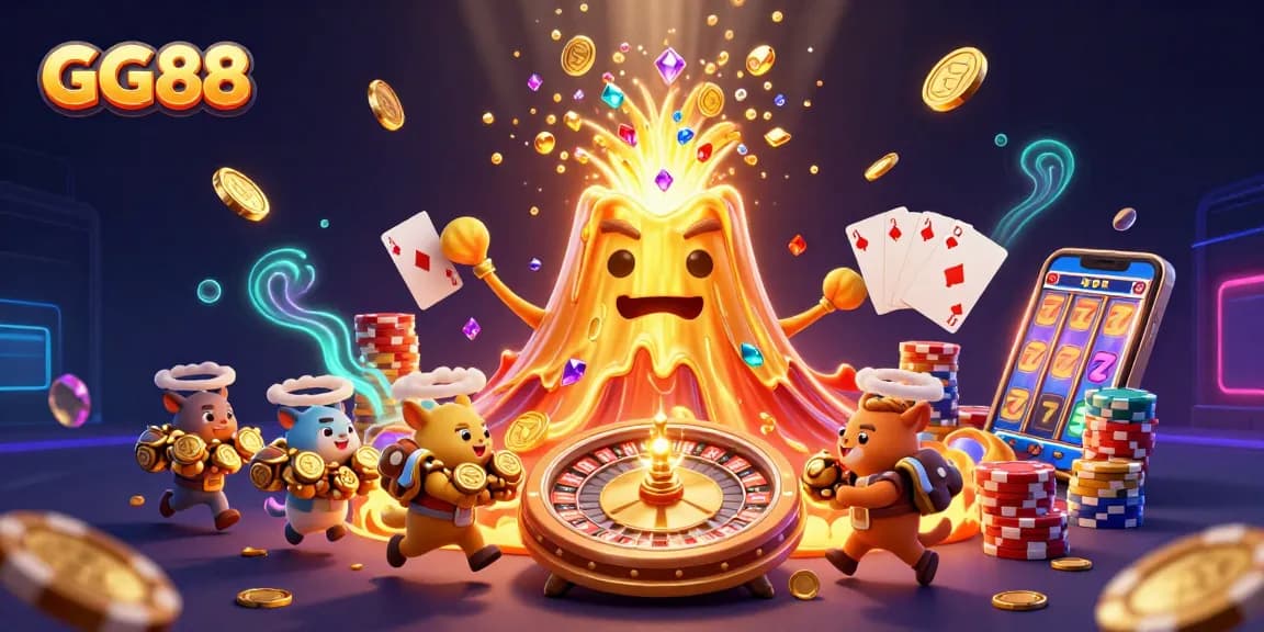 Experience winning thrills at GG88 with vibrant slot reels, colorful games, and golden treasures.