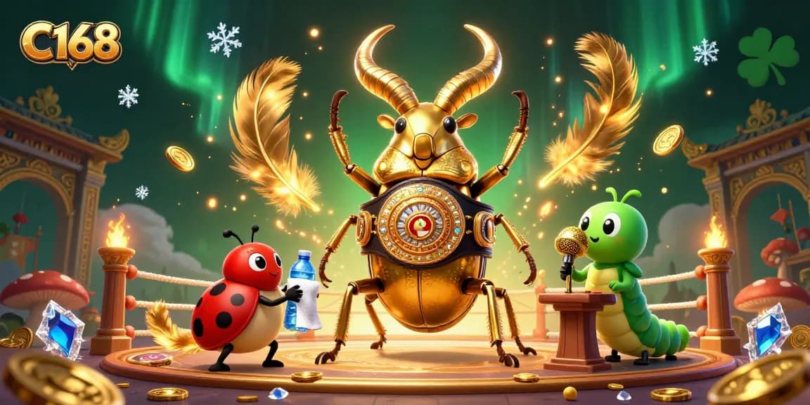 C168 casino illustration showcasing a giant stag beetle champion, ladybug corner-man, and caterpillar announcer in an exciting scene filled with vibrant casino elements.