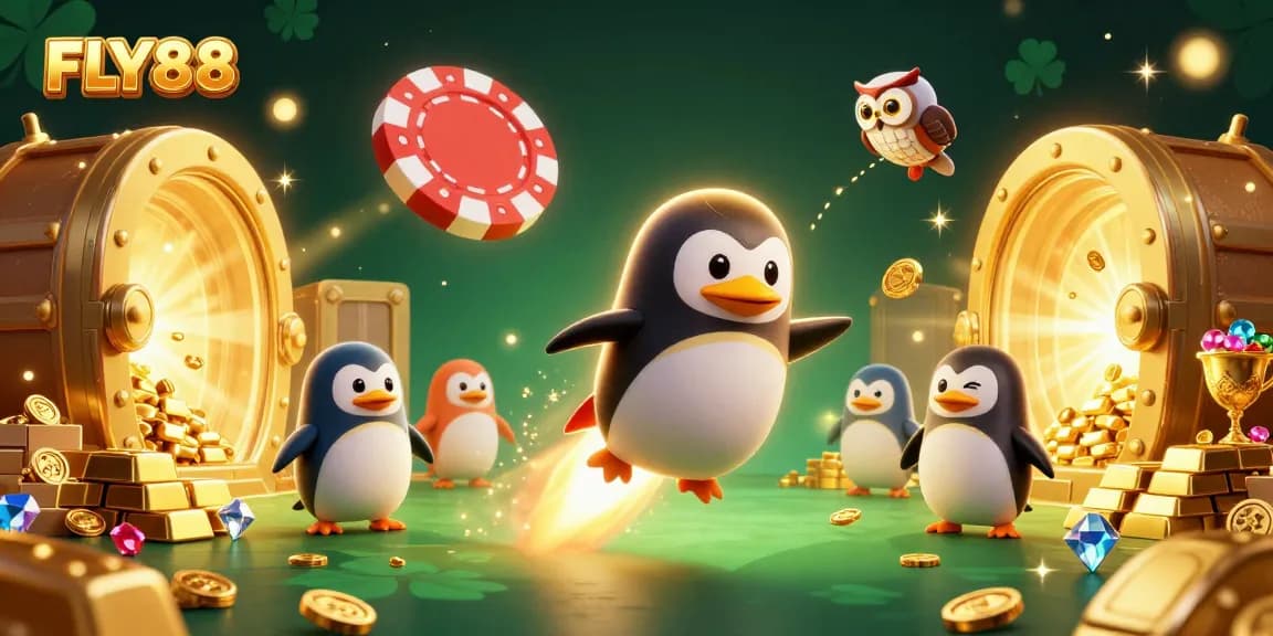 Join FLY88's thrilling adventure with golden penguins racing to the cosmic casino!