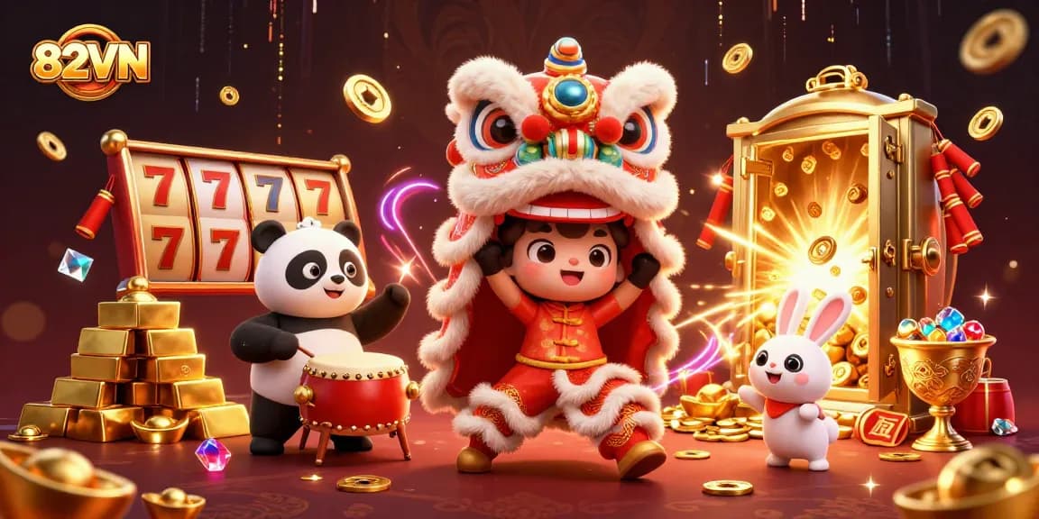 Experience thrilling gaming with 82VN as a lion dance brings excitement to the casino.