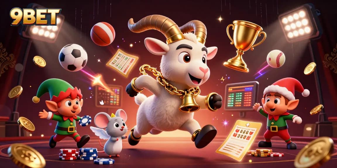 9BET casino scene featuring festive Krampus, angel mouse, and naughty gremlins amid sports betting excitement.
