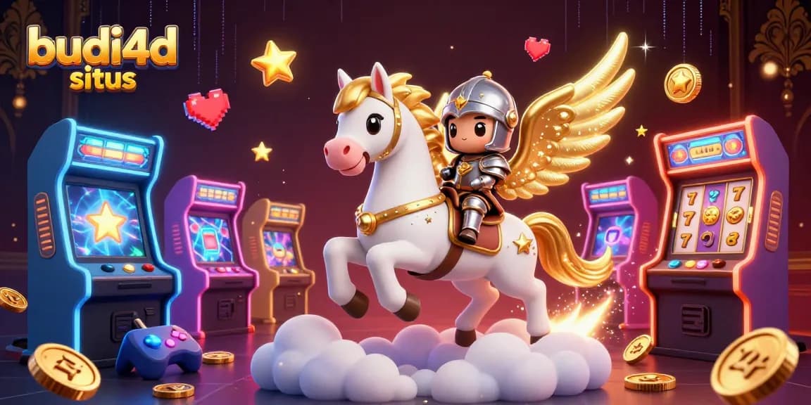 Engage with budi4d situs amidst a vibrant online gaming scene featuring a celestial horse, arcade machines, and exciting slot elements.