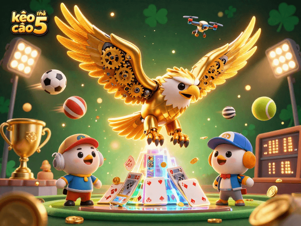 Engaging kèo nhà cái 5 scene with a cybernetic eagle and dynamic sports elements representative of online gambling.