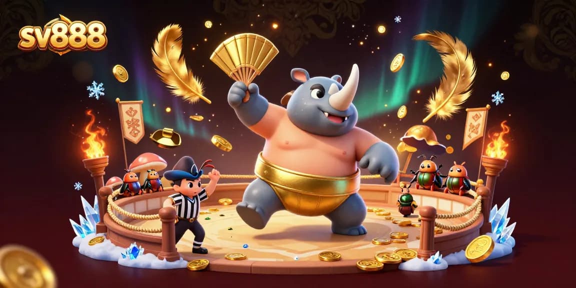 Experience the thrilling action at sv888 with a sumo beetle champion amidst golden coins and festive atmosphere.