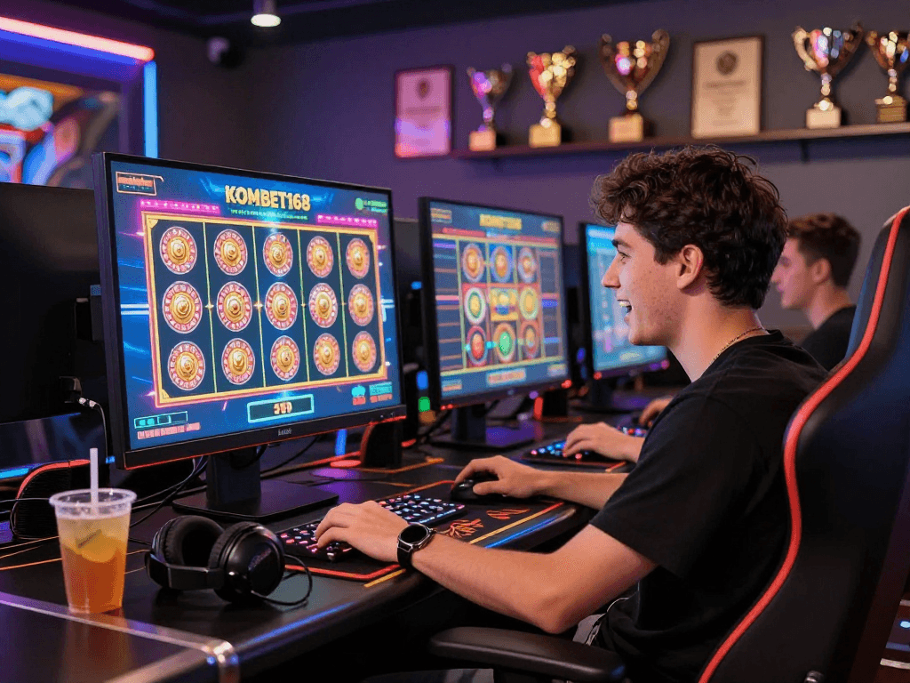Player engaging with KOMBET168 online casino on a sleek monitor.