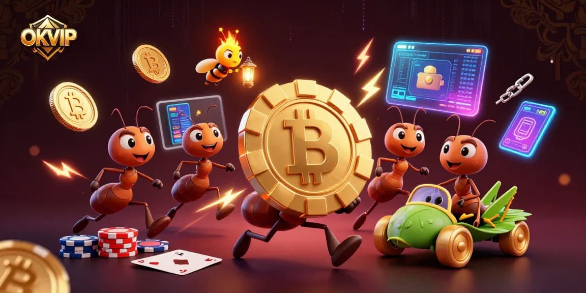 OKVIP ants heisting a giant golden poker chip amid vibrant casino symbols.