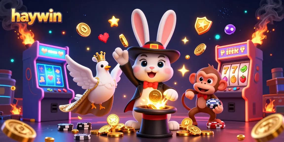 Experience winning moments with haywin’s magical casino illustration featuring a rabbit, dove, and monkey.