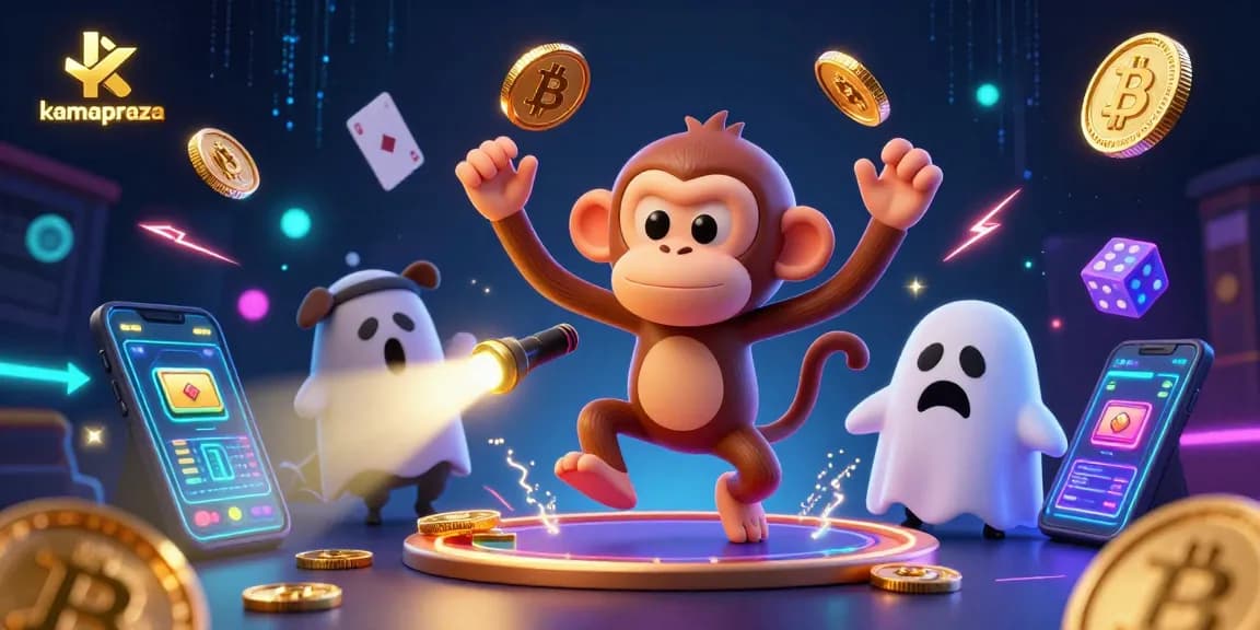 Immerse in a vibrant kamagraza casino scene with a playful monkey juggling golden objects amidst Bitcoin and Ethereum coins.