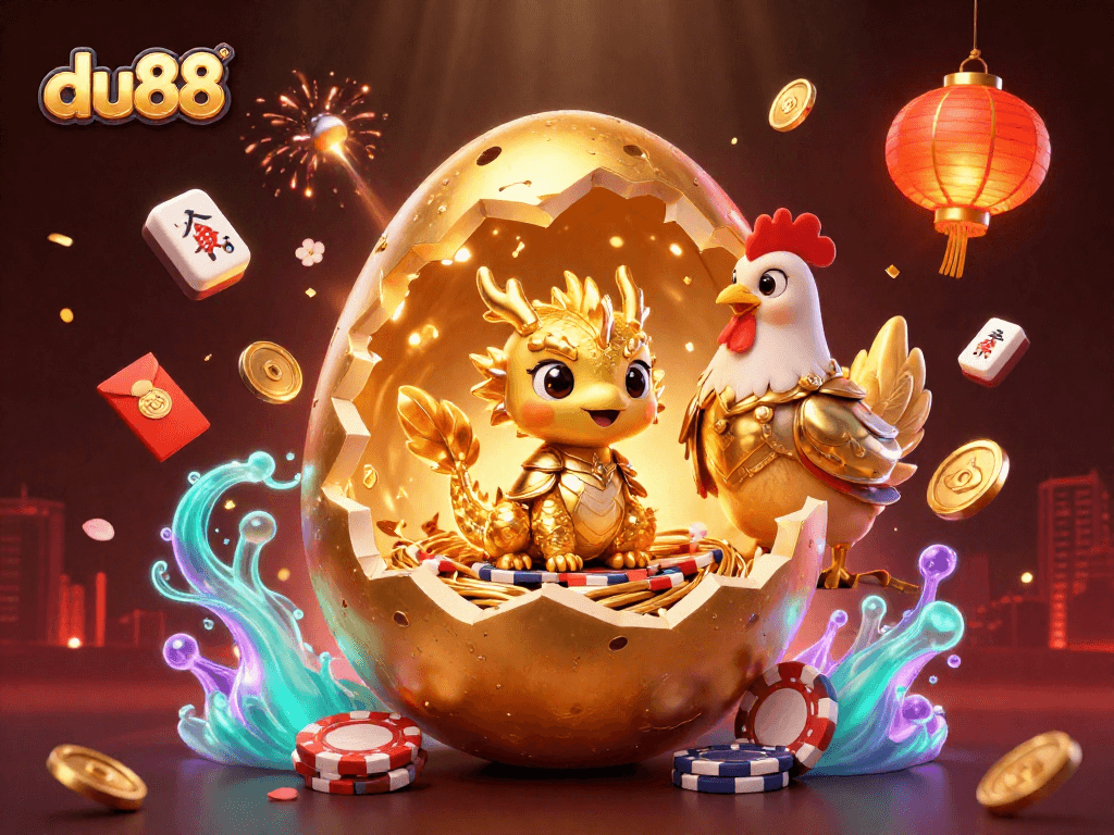 Experience the magic of du88 with a golden dragon and poker chips in this vibrant casino illustration.