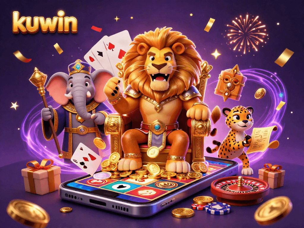 Experience excitement with kuwin's gaming symbols featuring a royal lion and vibrant casino elements.