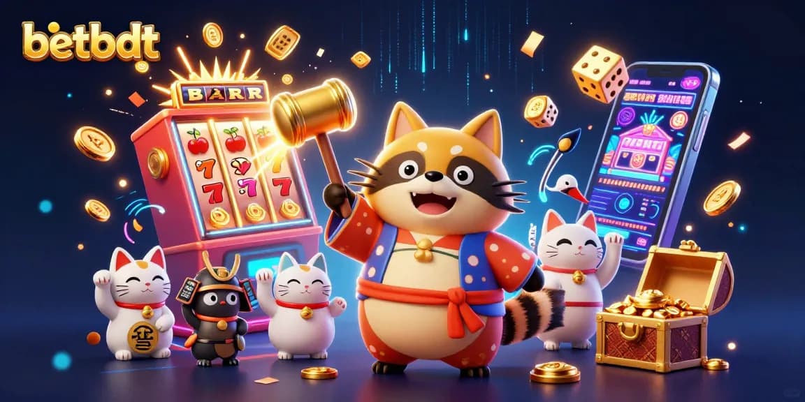Experience fun with betbdt as the cheerful tanuki and fortune cats celebrate in a vibrant casino scene.