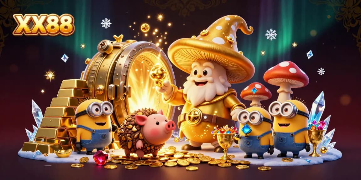 Engage in 3D magical riches with XX88's golden treasure vault, vibrant gemstones, and dynamic characters.