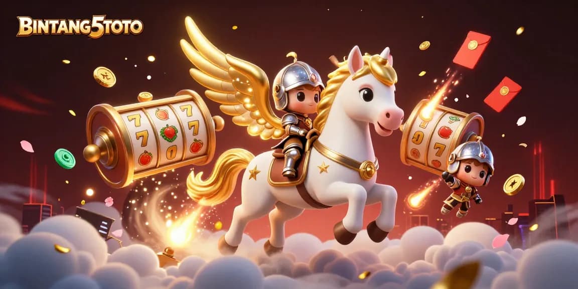 BINTANG5TOTO showcases a celestial horse and knight amid lucky slot reels and dazzling casino elements.