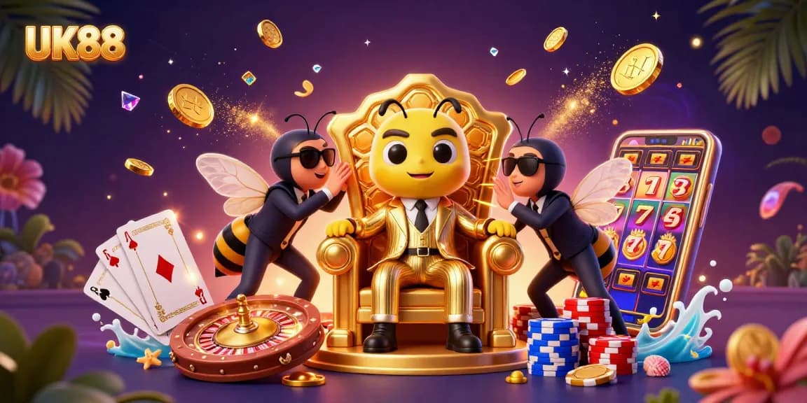 Experience the thrill of UK88 with a vibrant casino scene featuring a bumblebee mob boss and dynamic game elements.