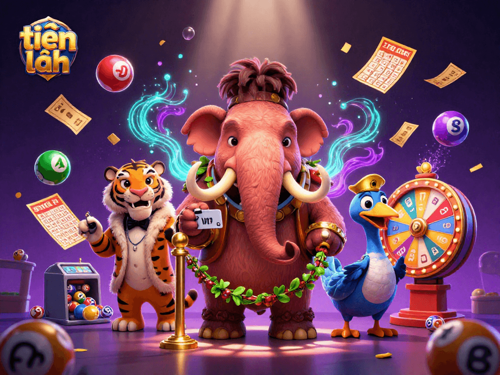 Playing tiến lên with vibrant lottery elements and colorful casino characters.