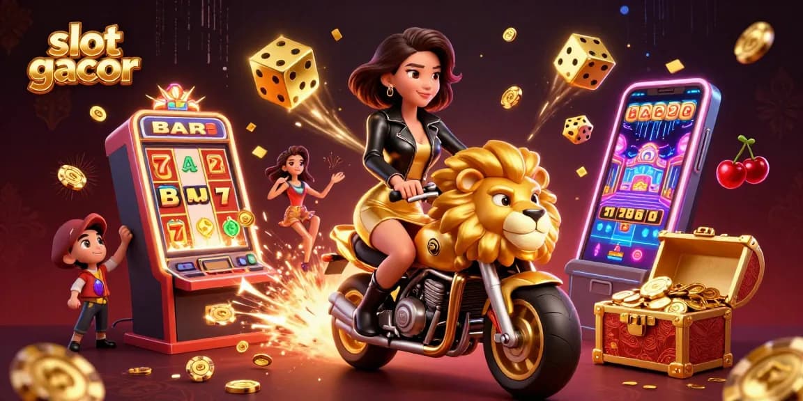 Experience thrilling gameplay with slot gacor as glamorous woman rides a golden lion mascot.