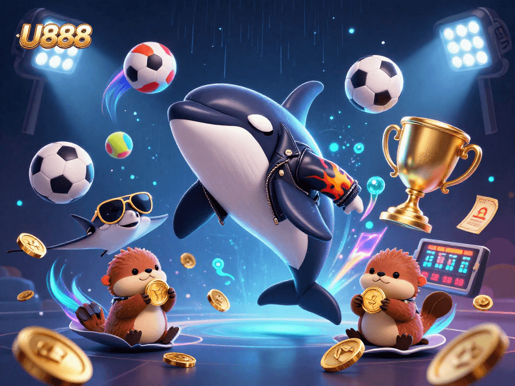 Engage with U888 as the orca leaps amidst sports elements and otters celebrating wins