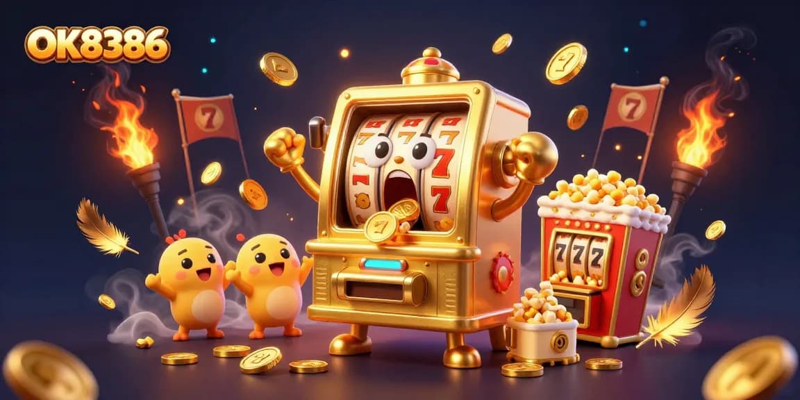 Engage with OK8386's exciting online slot jackpot event featuring golden machines and cheering companions.