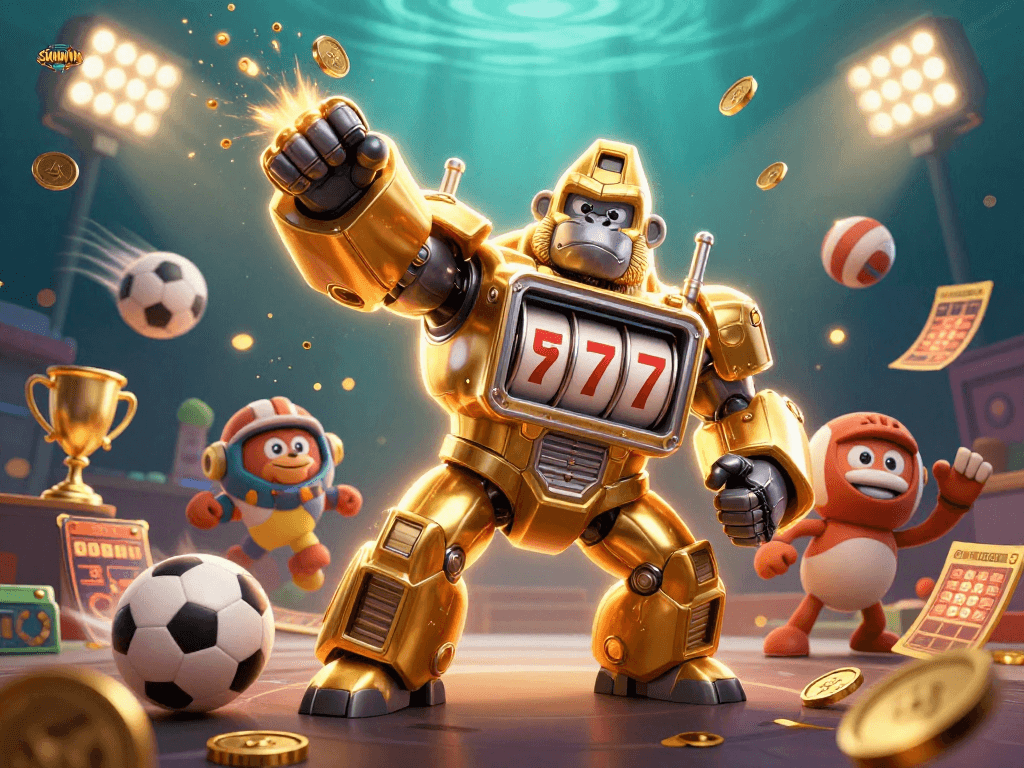 SUNWIN transforms betting with exciting 3D visuals showcasing a golden gorilla mech with sports elements.