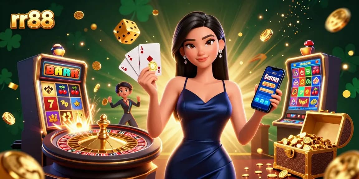 Experience the thrill at rr88 with a stunning Asian woman showcasing casino games and excitement.