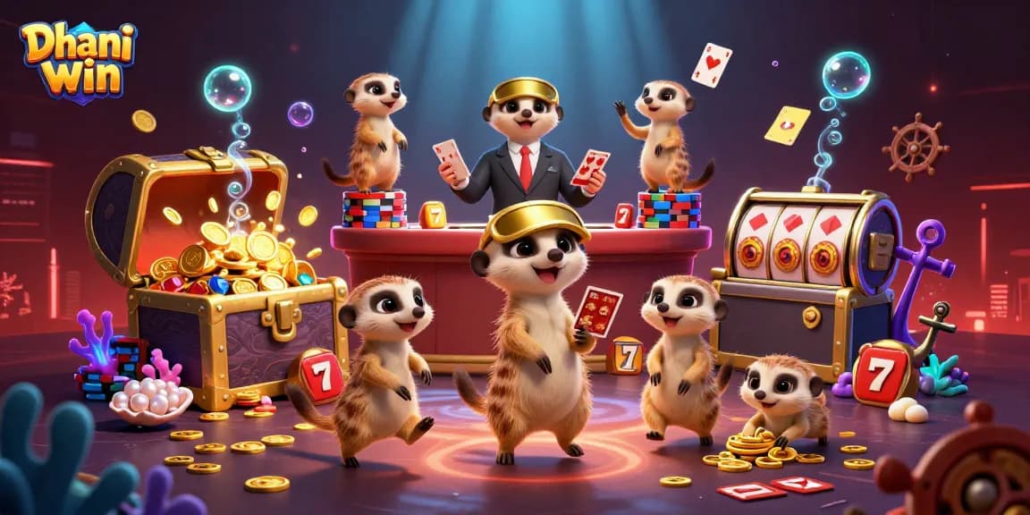 Dhani win offers an engaging gaming experience with a lively meerkat casino scene full of action and vibrant colors.