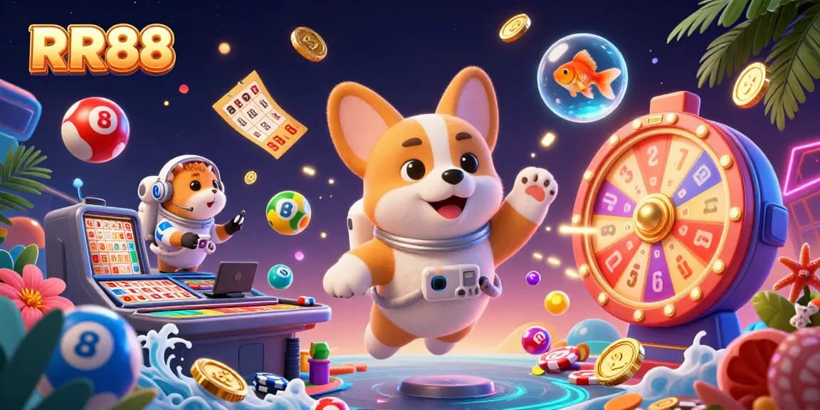 Engage with RR88 in this vibrant casino scene, featuring playful characters amidst colorful lottery elements and streaming action.