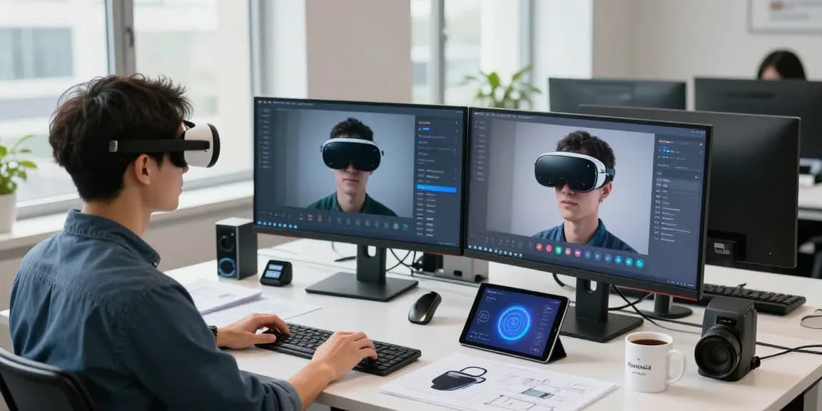 Professional using AR glasses while designing augmented reality applications in a modern tech workspace.