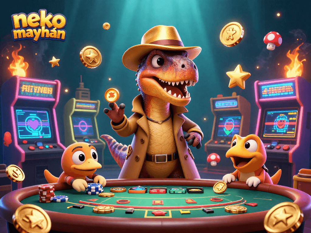 Experience the thrill of neko may mắn with a velociraptor at the blackjack table in this vibrant casino scene.