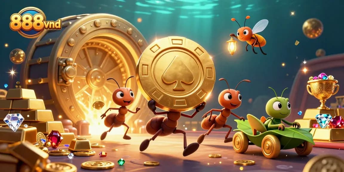 Ants executing a heist for golden poker chips at 888vnd casino with dynamic treasure elements.