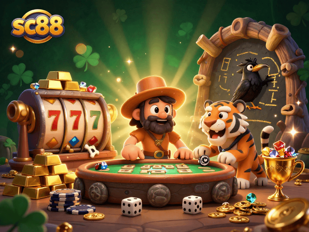 sc88's vibrant 3D casino scene showcases a caveman, tiger, and crow amid slot reels and treasures.