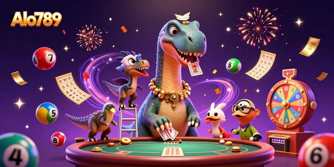 Alo789 offers thrilling experiences in this vibrant 3D casino illustration with colorful elements.