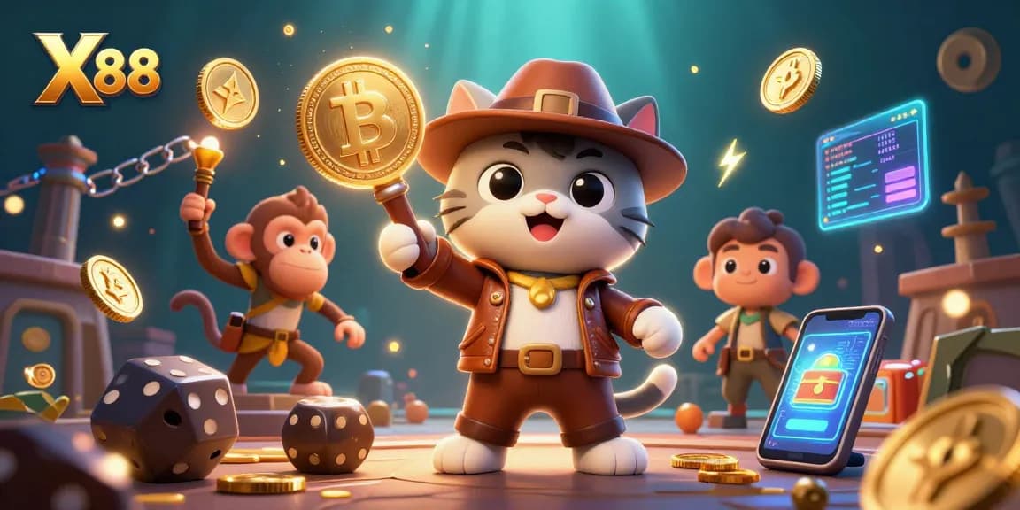 X88 explores a treasure in a vibrant casino scene filled with crypto elements and adventure.