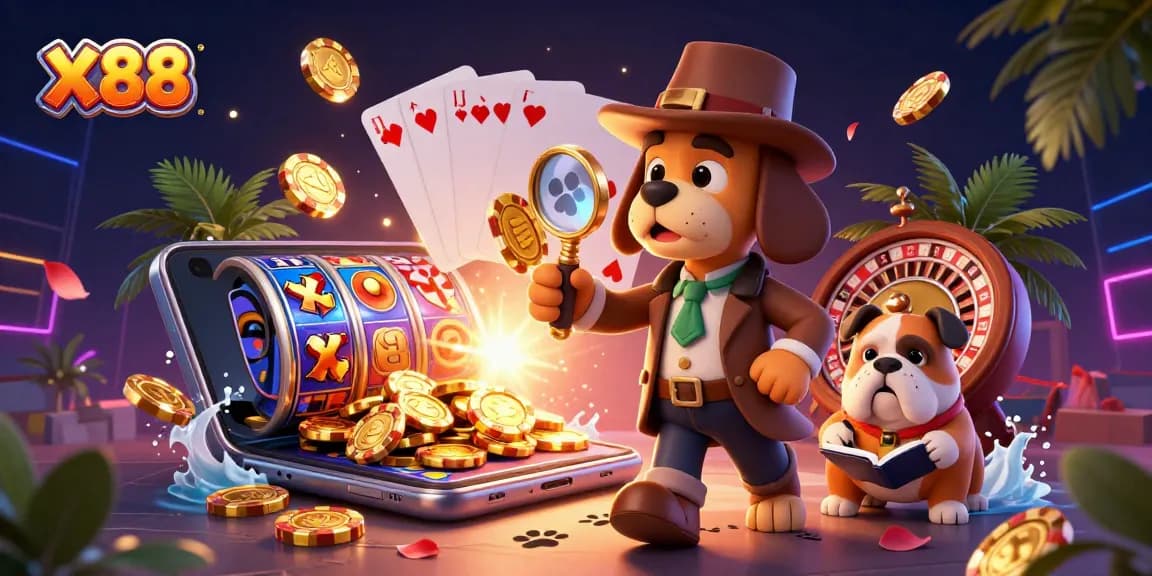 X88 brings excitement to the casino experience with a cartoon detective uncovering treasures and vibrant slot games.