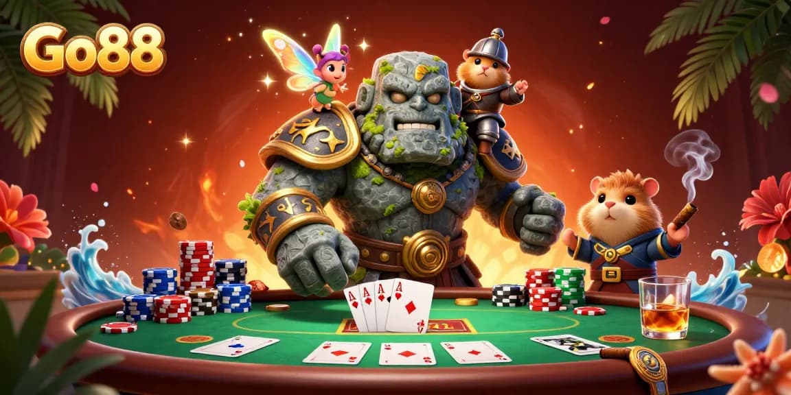 Experience thrilling gameplay at Go88 with a dynamic casino scene featuring characters and poker elements.