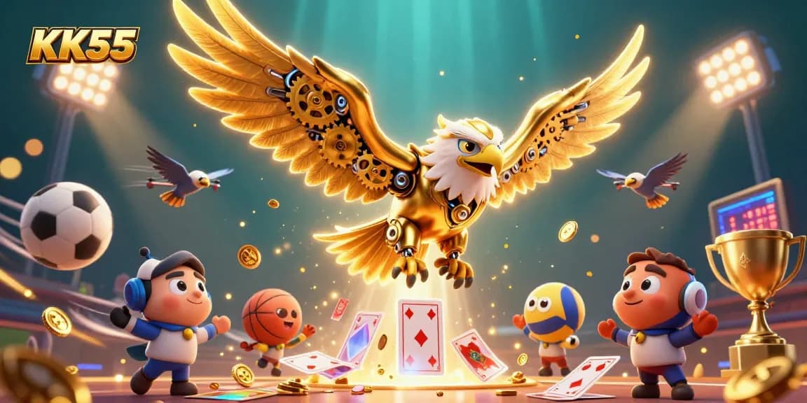 Watch the captivating KK55 golden eagle soar through a vibrant casino-themed scene.