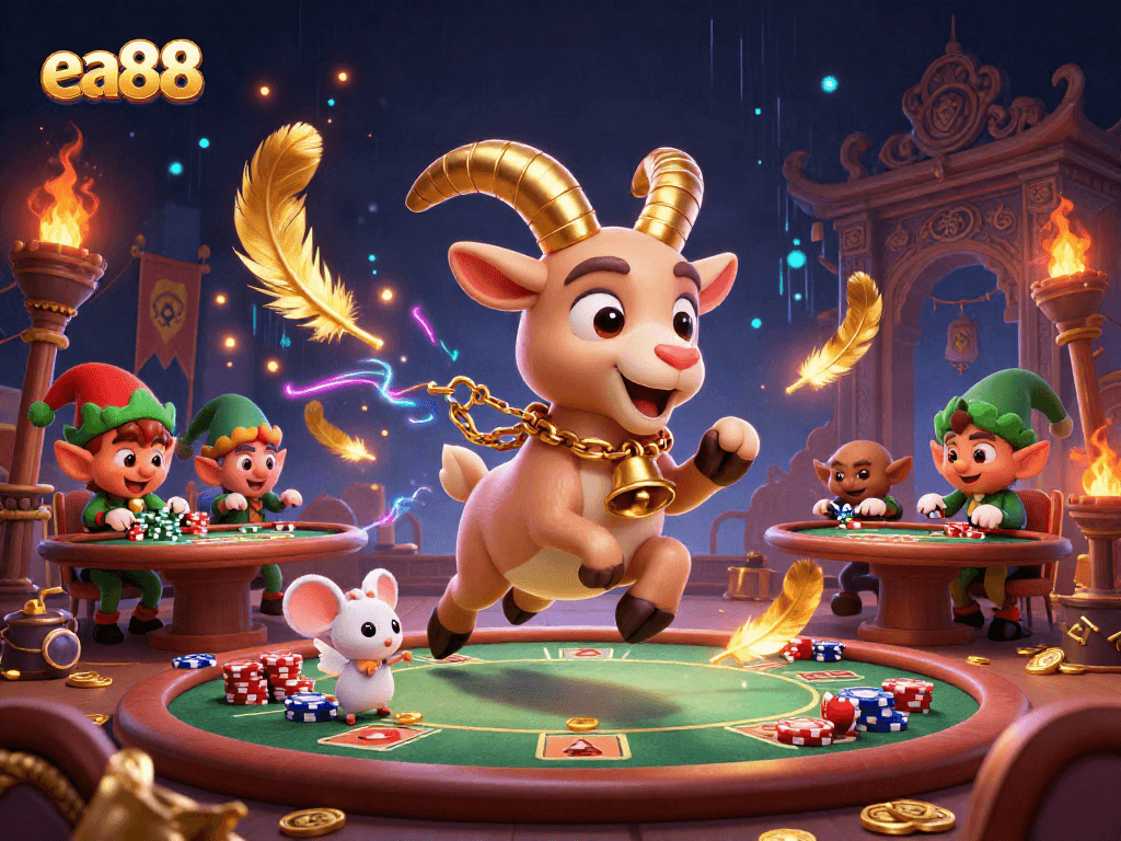 ea88 features a festive Krampus goat overseeing a spooky casino heist scene with tiny angel and elf gremlins.